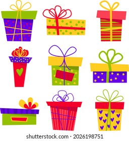 A collection of gifts for different holidays. A set of colorful gift boxes.