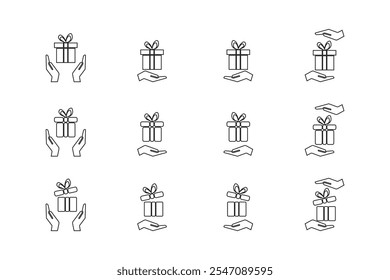 Collection of gifts in the hands of outlane style, giving gifts and receiving gifts.Vector.
