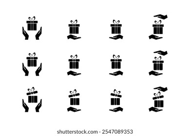 Collection of gifts in hands silhouette style, giving gifts and receiving gifts.Vector.