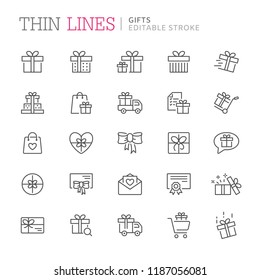 Collection of gifts related line icons. Editable stroke