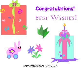 Collection of Gifts, Ribbon, Greetings, and Plants Vector