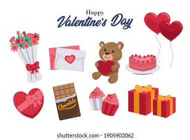 a collection of gifts that are often given during Valentine's Day, such as teddy bears, cupcakes, cakes, cards, bouquet of flowers, chocolate and balloons.