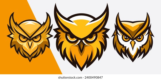 Collection of Gilded Owl Logo Mascots for Esports and Sports, Stickers, and T-shirts: Vector Cartoon Illustrations