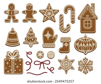 Collection of gingerbread cookies, stars, candy canes, ornaments, snowflakes, and gingerbread people. Flat festive illustration. Christmas baking and decoration concept for design and print