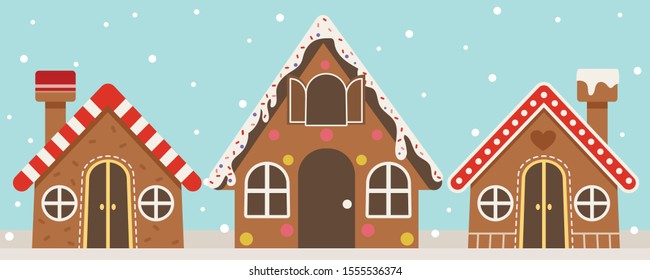 The collection of gingerbread House in many shape design with snow fall  in flat vector style. Graphic resource about graphic,content , banner, sticker label and greeting card.