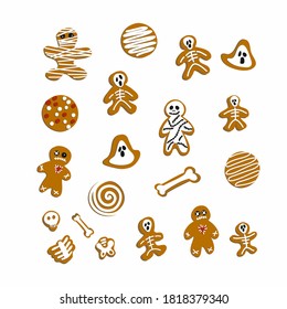 A collection of gingerbread men, skeletons, ghosts and bones. Halloween. A set of cookies. Popular on selected desserts, children sweets. Gingerbread. Hand drawn food for the holiday.