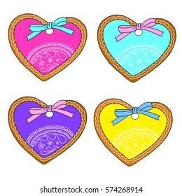 Collection of gingerbread in the shape of a heart. Valentine's Day. Gifts for lovers. Vector isolated on white background..