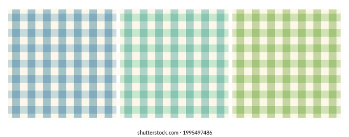 A collection of gingham patterns. Blue, Tosca, Green plaid pattern with pastel colors for tablecloths, skirts, napkins, flannel and more.