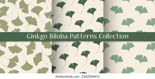 Collection of Ginkgo Biloba Leaves Seamless Vector Patterns in Green Colours.