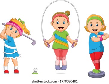The collection of the girl are doing the sport with the different kinds of the illustration