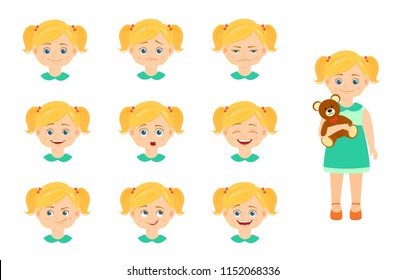 Collection of girl emotions.Isolated on white background. Cartoon style.Vector illustration.