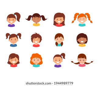 Collection girl faces. Smiling children avatar set. Joyful teenage character collection