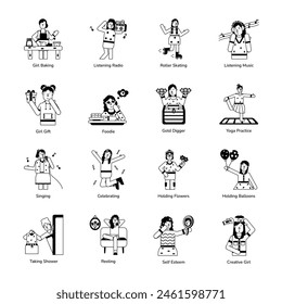 Collection of Girl Hobbies Glyph Icons 

