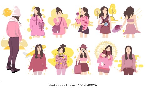 Collection of girl people characters set style with beautiful background pink and yellow tone, cute Asia, for banner, infographic, design for ui, ux, website or publisher, flat vector, easy to adjust.