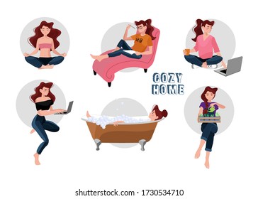 Collection of girl reading or  studying and preparing for examination, taking a bath, caring for plants, relaxing isolated on white background. Flat cartoon vector illustration.