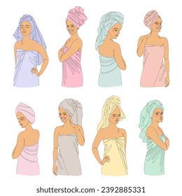 Colección. Siluetas de niñas con estilo de línea continua moderna. Una mujer después de una ducha con una toalla en la cabeza. Esbozo de decoración, afiches, arte mural, pegatinas, logotipo. Conjunto de ilustraciones vectoriales.