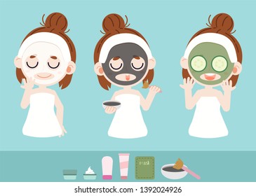 The collection of girl takecare her face by facial mask in flat vector style. Graphic resource about healthcare for graphic,content , banner.