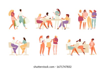 Collection of girlfriends spending time together. Female friendship collection vector illustration