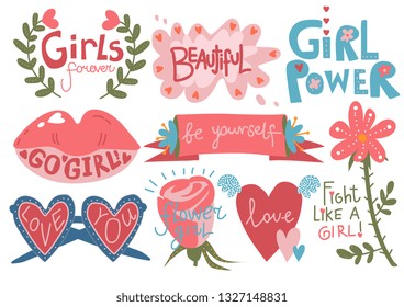 Collection of Girlish Pretty Design Elements with Inspirational Quotes Can Be Used For Greeting Cards, Badges, Labels, Invitations, Banners Vector Illustration