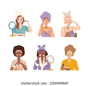 Collection of girls applying different facial masks set. Young women making skincare procedures cartoon vector illustration