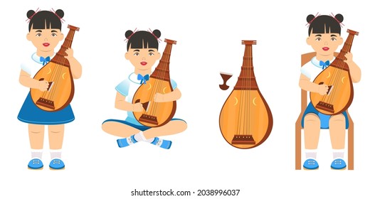 Collection of girls in different poses with biwa. musical instrument. Flat illustration. Vector. Cartoon illustration. Can be used to create collages in web design.