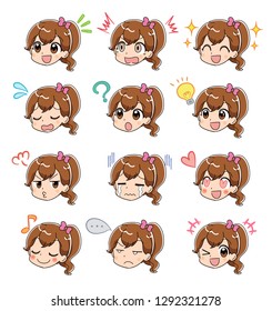 Collection of girl's face icons. Various facial expressions.