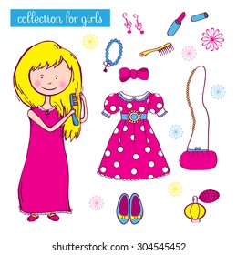 Collection for girls. Fashionable objects on white background.