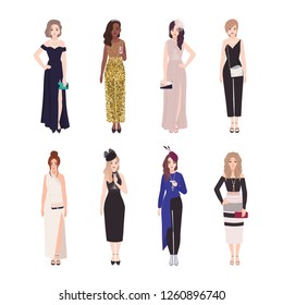 Collection of girls in luxury evening outfits isolated on white background. Bundle of elegant young women dressed for celebration party, event or formal occasion. Flat colorful vector illustration.