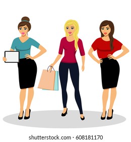 Collection of girls. A modern girl. Girl with ipad. Girl with shopping. Isolated objects. Vector illustration.