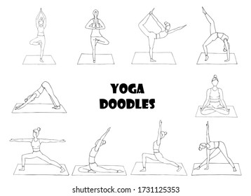 Collection with girls who practice yoga. A set of women in various yoga poses. Indian culture, Gymnastics, sport, healthy lifestyle.Doodle.Black white vector illustration. Hand drawn,isolated on white