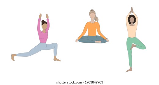 Collection of girls in yoga poses isolated on a white background. Asanas, sports, movements. Stock vector illustration for decoration and design, web pages, banners, posters, magazines.