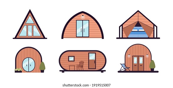 Collection of glamping houses. Summer country houses and a frame cottages, alpine chalet, camping, mountain house. Cartoon style, flat illustration. For websites, wallpapers, posters or banners