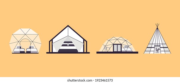 Collection of glamping houses. Summer country houses and a frame cottages, alpine chalet, camping, mountain house. Cartoon style, flat illustration. For websites, wallpapers, posters or banners