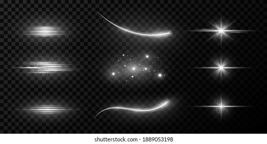 Collection of glare, stars and rays on a dark transparent background. Flying star effect. Elements for a night scene. Beams of light with glowing particles. Vector illustration. EPS 10