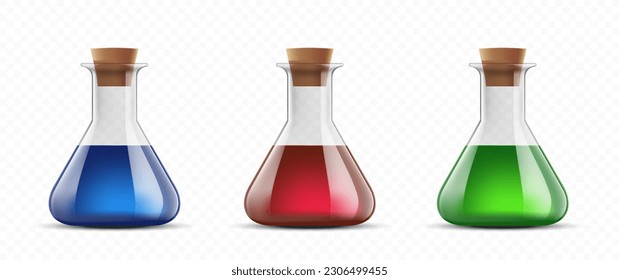 Collection of glass bottles or beakers with potion or poison. Templates are isolated on a transparent background. Vector illustration