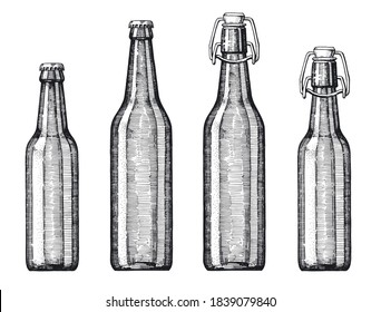 Collection glass bottles for carbonated drinks 0 33   0 5 liters  Hand  drawn sketches  Containers for liquids and different volumes  Vintage style engraving  Metal   flip cover