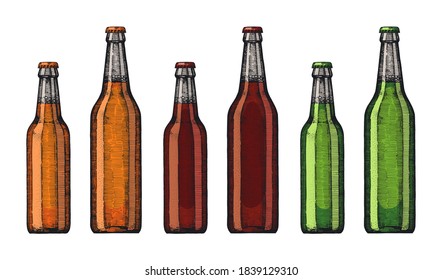 Colectar botellas de vidrio con bebidas carbonatadas, sin etiquetas. Esbozos dibujados a mano. Grabado de estilo vintage. Soda de diferentes colores y sabores. El volumen del recipiente es de 0,33, 0,5 litros. Conjunto de vectores