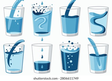 Collection of glass containers being filled with fresh clear water showing various splashes and liquid motion effects on white background.