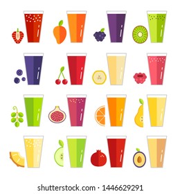 Collection of glass with different juices. Vector icons on white background isolated. Smoothies from berries and fruits. Healthy food for diet. Trendy style, flat design