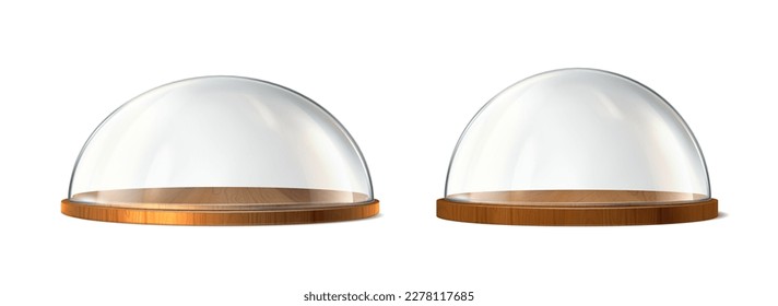 Collection of glass domes on the wooden tray. 3d realistic vector icon.  Transparent protective cover. Snow globe, souvenir or kitchen glassware.