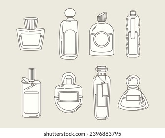 Collection of Glass elegant bottles of fragrant perfume. Vector set of eau de parfum icons.