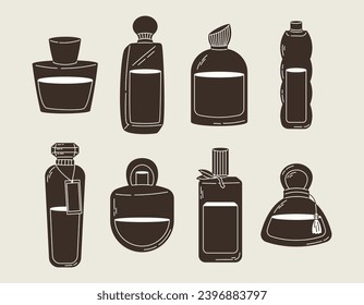 Collection of Glass elegant bottles of fragrant perfume. Vector set of eau de parfum icons.