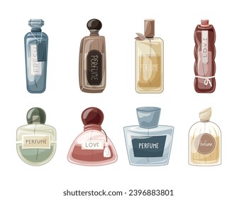 Collection of Glass elegant bottles of fragrant perfume. Vector set of cartoon eau de parfum.