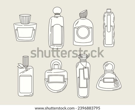 Collection of Glass elegant bottles of fragrant perfume. Vector set of eau de parfum icons.