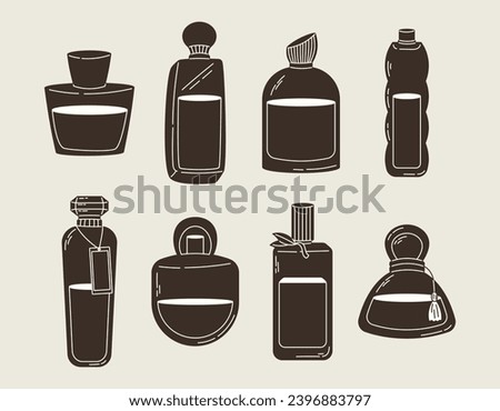 Collection of Glass elegant bottles of fragrant perfume. Vector set of eau de parfum icons.