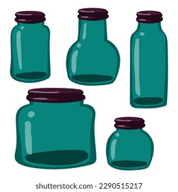 Collection of glass jars. Empty containers for parts. Blue plain glass jars with lids. Vector illustration for autumn. Banks for sunsets