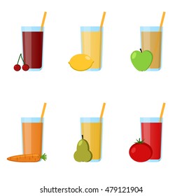 Collection glass juices from fruits and vegetables infographic elements. The best for design, textiles, posters, web, corporate identity, coloring book. Isolated flat vector Icon on white background.