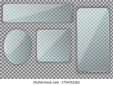 Collection glass, mirror in the shape of an oval, square and rounded rectangle. Clear reflection, flickering glare. Window glass insert with backlight. Realistic glass screen. Vector image.