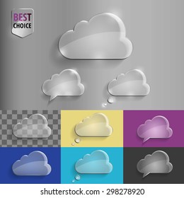 Collection of glass speech bubble cloud icons with soft shadow on gradient background . Vector illustration EPS 10 for web.