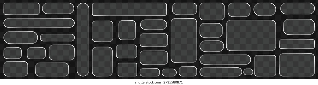 Collection of glass style buttons and rectangular frames with glossy edges. Transparent user interface elements designed for website layouts and mobile applications. Glass morphism ui elements set.